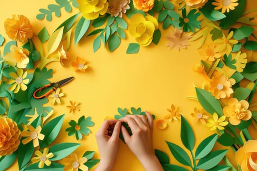 Crafting with nature woman creating paper flowers and green leaves with scissors, yellow background flat lay