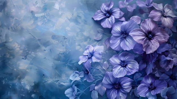 An art piece featuring purple flowers against an electric blue background. The vibrant petals of this groundcover plant create a stunning contrast