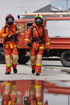 A team of confident and accomplished firefighters strides purposefully in their uniforms, exuding pride and satisfaction after successfully completing a challenging firefighting mission.