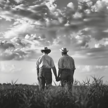 Friendship and teamwork in the fields during planting and harvesting. Friendship between two men. Friendship between two children. Black and white image. High quality photo