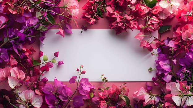 A white card is embellished with pink and purple flowers on a soft pink background, surrounded by delicate petals and leaves, creating a soothing floral display