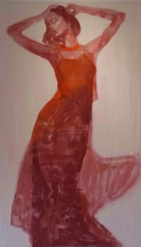 Woman in a red dress raises arms in beautiful artistic fashion painting with a touch of elegance and grace