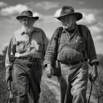 Friendship and teamwork in the fields during planting and harvesting. Friendship between two men. Friendship between two children. Black and white image. High quality photo