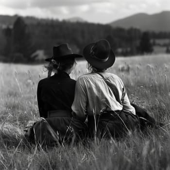 A young couple in the fields during planting and harvesting. Black and white image. High quality photo