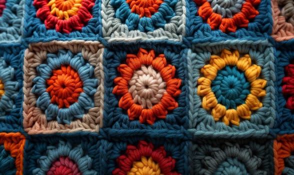 Texture background from a crochet granny square pattern. Selective focus