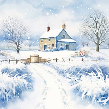 Merry Christmas and Happy Holidays, watercolour printable art print, English countryside cottage as snow winter holiday Christmas card, thank you and diy greeting card design, country style idea