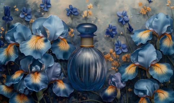 Elegant perfume bottle among iris flowers in vintage style. Selective focus.