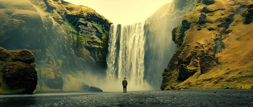 Refreshing travel destination man standing in front of majestic waterfall with large rock amidst cascading water flow