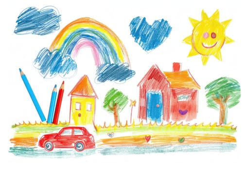 Child's drawing of a colorful house, rainbow, car, and sky innocent joy and imaginative exploration of childhood art