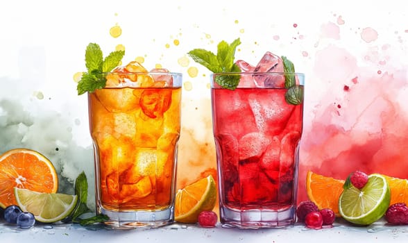 Drinks with ice and fruits on a white background. Selective focus.