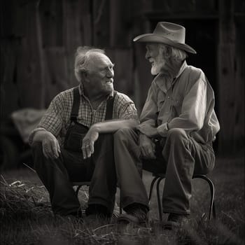 Friendship and teamwork in the fields during planting and harvesting. Friendship between two men. Friendship between two children. Black and white image. High quality photo