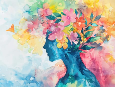 Beautiful woman with floral hair and butterfly headpiece in artistic watercolor painting for fashion and beauty concepts