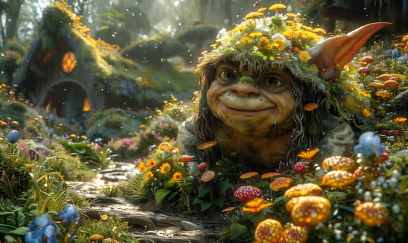 3D cartoon, troll in flowers in a fairytale village. Selective focus