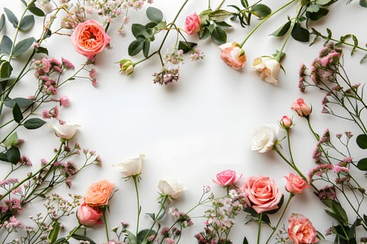 A creative arrangement of pink flowers in a circle on a white background, showcasing the beauty of botany and flower arranging