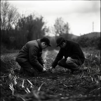 Friendship and teamwork in the fields during planting and harvesting. Friendship between two men. Friendship between two children. Black and white image. High quality photo