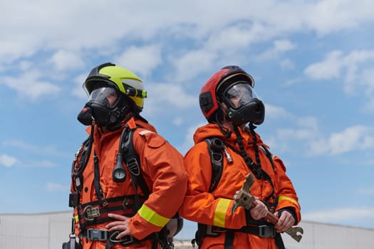 A team of firefighters, dressed in professional gear, undergoes training to learn how to use various firefighting tools and prepare for firefighting tasks.