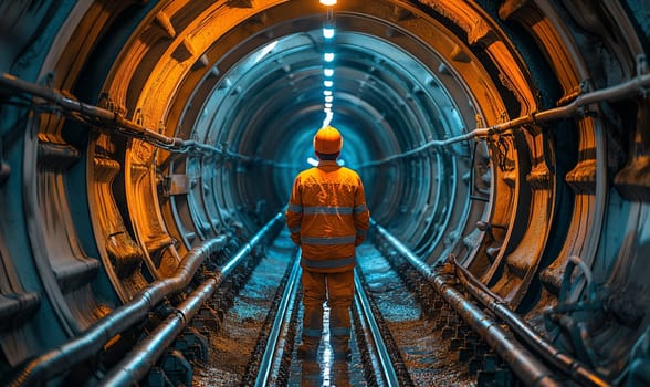 A worker in a hard hat walks through a tunnel. Selective soft focus.