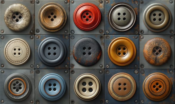 Multi-colored buttons on a gray background. Selective focus.