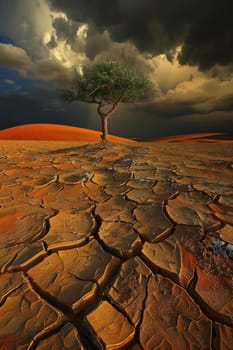 Lonely tree in arid landscape with storm clouds serene beauty of nature travel and adventure concept