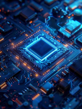 A close up of a computer chip with a blue and orange glow. Concept of technology and innovation, as well as the complexity of modern computer systems