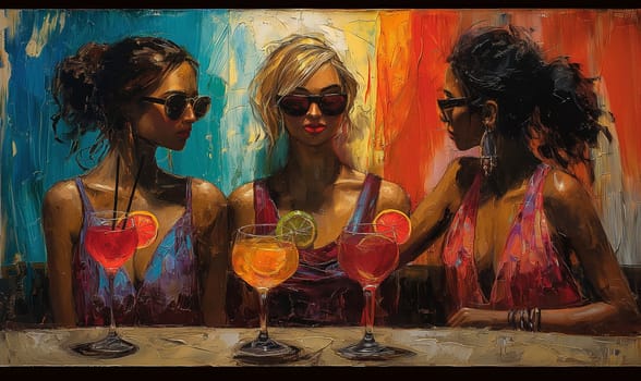 Three Women Sitting at Table With Drinks. Selective focus.