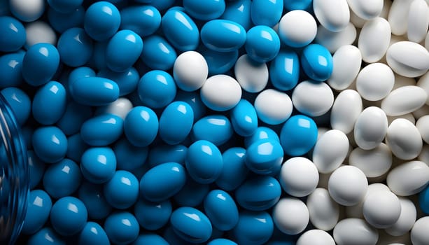 White pills on blue background. High quality photo