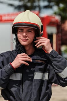 A firefighter, adorned in professional gear, stands confidently beside a fire truck following a grueling firefighting training session