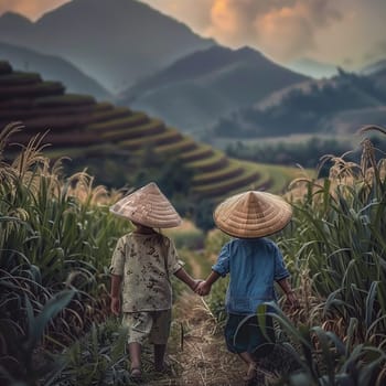 Friendship and teamwork in the fields during planting and harvesting. Friendship between children. High quality