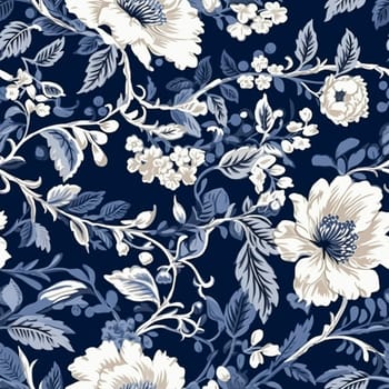 Seamless floral pattern, tileable blue and white country style print with flowers for wallpaper, wrapping paper, scrapbook, fabric and product design, post-processed, generative ai