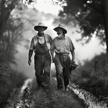 Friendship and teamwork in the fields during planting and harvesting. Friendship between two men. Friendship between two children. Black and white image. High quality photo