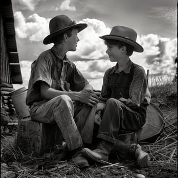 Friendship and teamwork in the fields during planting and harvesting. Friendship between two men. Friendship between two children. Black and white image. High quality photo