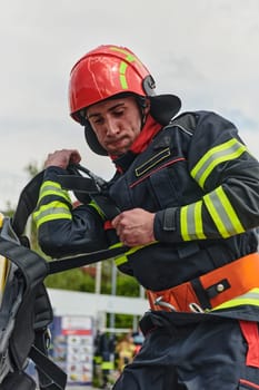 A professional firefighter dons his protective gear, preparing to respond to an emergency call.