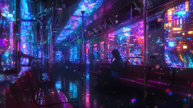 A person is enjoying the neon lights on the bus in shades of purple, magenta, and electric blue, creating a visual effect lighting in the darkness for a fun entertainment experience