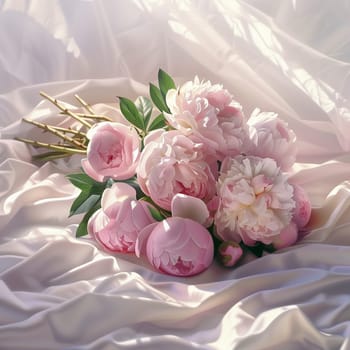 A bouquet of white peonies lying on the bed in the morning. High quality illustration