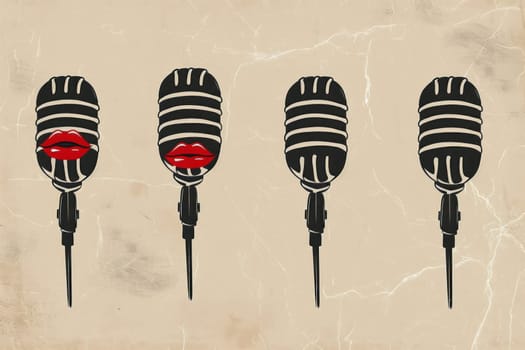 Four microphones with red lips on beige paper background glamorous beauty and elegant style for music industry