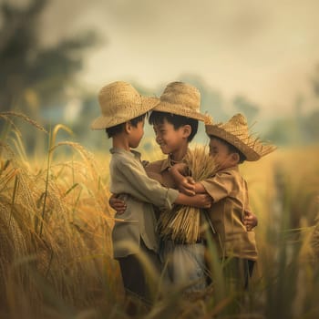 Friendship and teamwork in the fields during planting and harvesting. Friendship between children. High quality