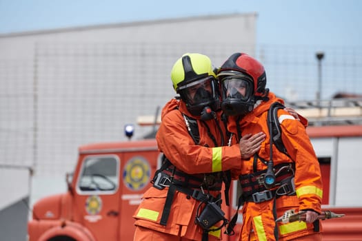 A team of firefighters, dressed in professional gear, undergoes training to learn how to use various firefighting tools and prepare for firefighting tasks.