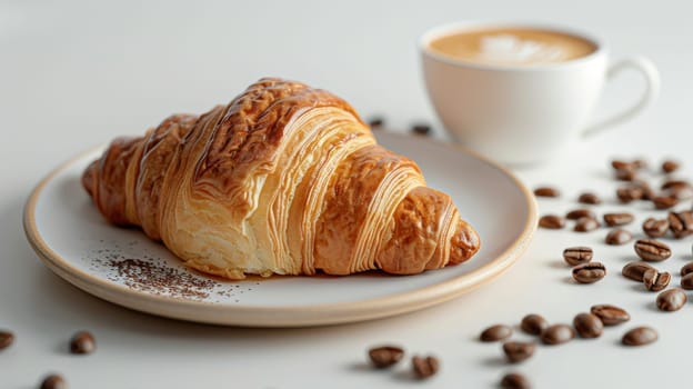 Butter croissant and aromatic capuccino coffee isolated on white background.