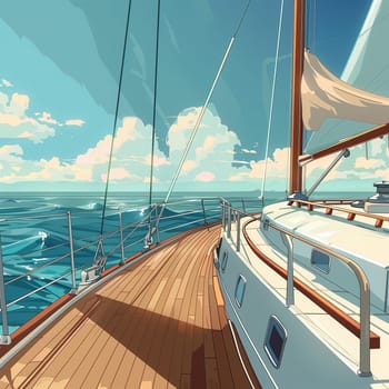 A yacht racing on the waves of the sea. Vintage anime style. High quality illustration