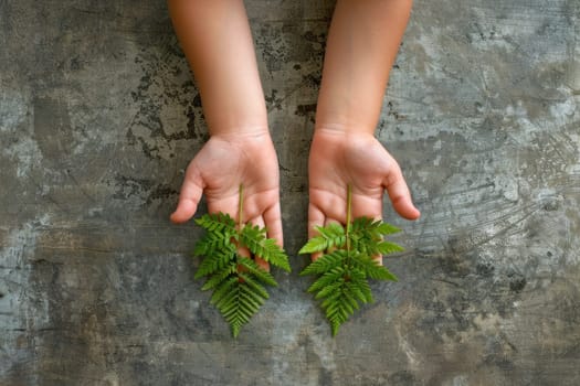 Hands holding ferns on concrete background with natural beauty and serenity concept