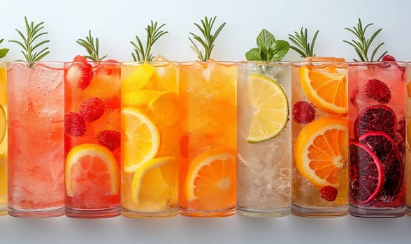 Drinks with ice and fruits on a white background. Selective focus.