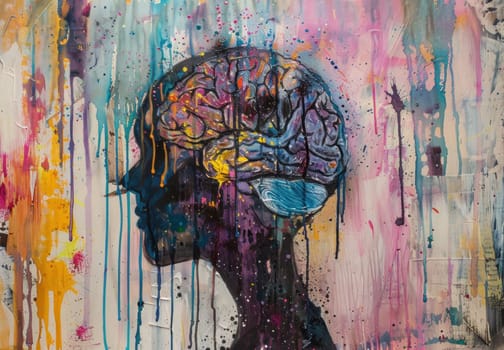 Abstract painting of a human head with brain, creativity and innovation concept brainstorming and intelligence in artistic form