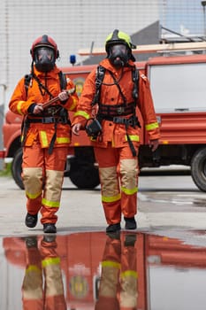 A team of confident and accomplished firefighters strides purposefully in their uniforms, exuding pride and satisfaction after successfully completing a challenging firefighting mission.