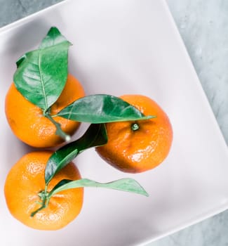 Tangerines with leaves on plate - citrus fruits and healthy eating flatlay styled concept