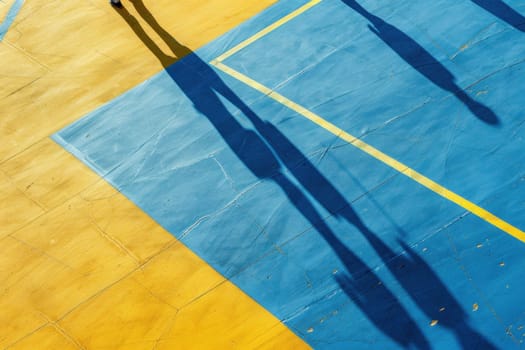 Two people standing on a basketball court with shadows of their bodies, active leisure and sports concept