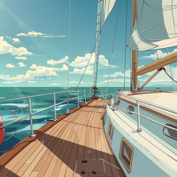 A yacht racing on the waves of the sea. Vintage anime style. High quality illustration