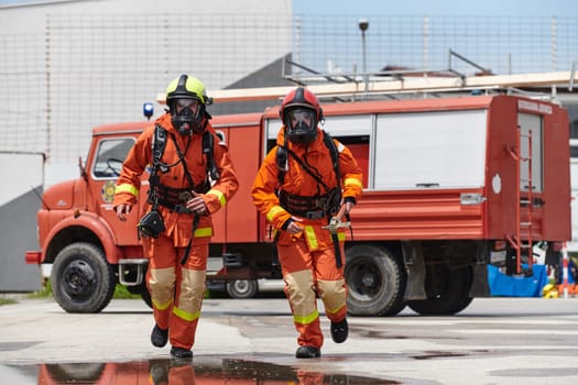 A team of confident and accomplished firefighters strides purposefully in their uniforms, exuding pride and satisfaction after successfully completing a challenging firefighting mission.