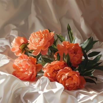 A bouquet of orange peonies lying on the bed in the morning. High quality illustration