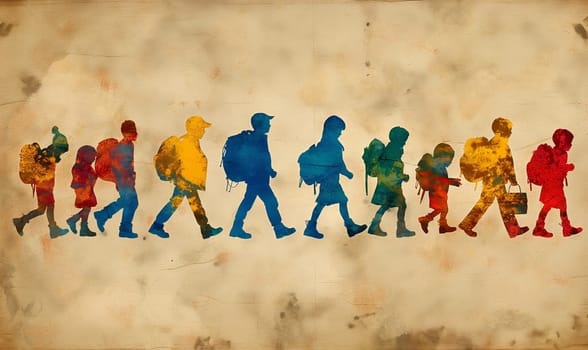 Watercolor illustration, children walking on a beige background. Selective soft focus.