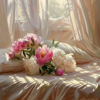 A bouquet of white peonies lying on the bed in the morning. High quality illustration